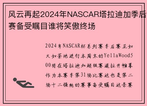 风云再起2024年NASCAR塔拉迪加季后赛备受瞩目谁将笑傲终场